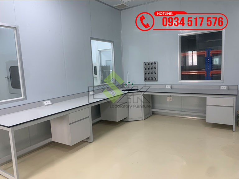 Bàn thí nghiệm áp tường chữ l có chậu rửa khung thép sơn tĩnh điện