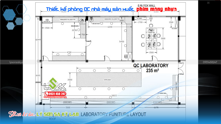 Bản vẽ 2D mặt bằng phòng thí nghiệm phòng QC nhà máy sản xuất phim màng nhựa