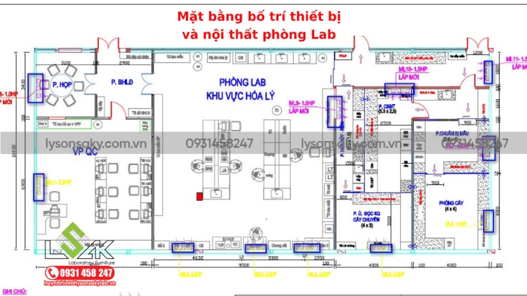 Mặt bằng bố trí thiết bị và nội thất phòng Lab