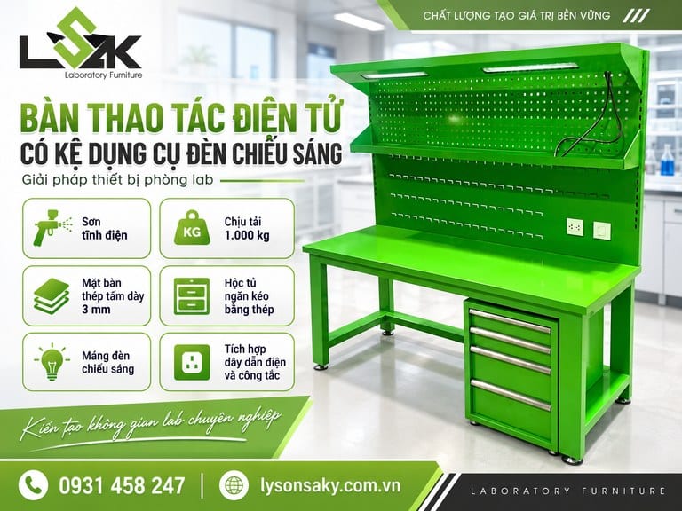 Bàn thao tác điện tử có kệ dụng cụ đèn chiếu sáng