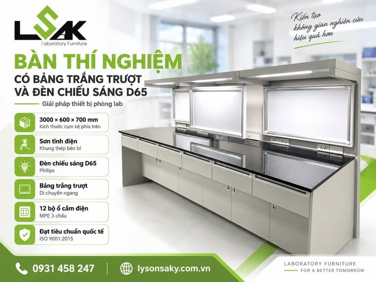Bàn thí nghiệm có bảng trắng trượt và đèn chiếu sáng D65