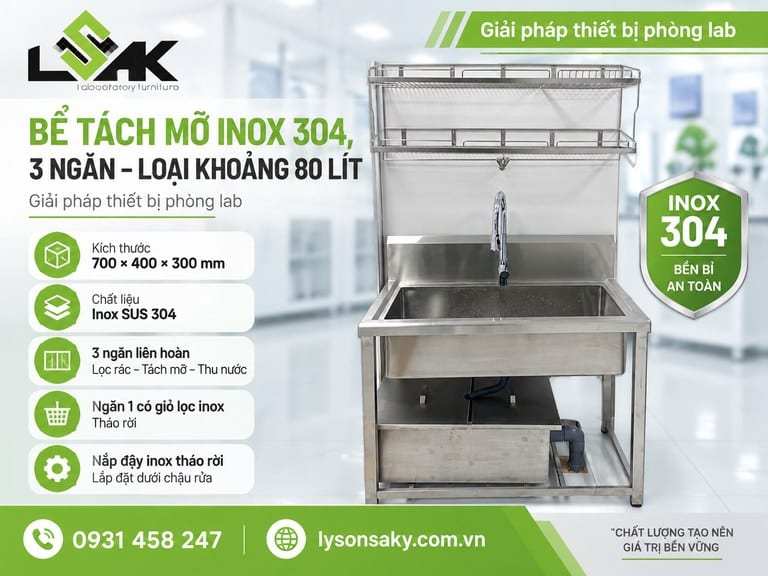 Bể tách mỡ inox 304, 3 ngăn – loại khoảng 80 lít