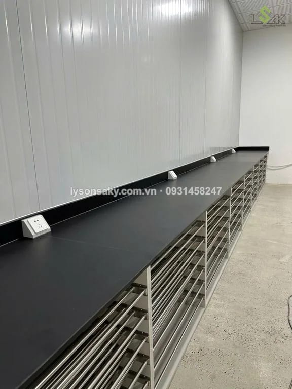 Bàn thí nghiệm áp tường mặt phenolic đen va kệ lưu khay